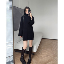 Meyang Meiyang black kite knit dress Morten temperament _ high collar horn sleeve loose straight drum one-piece short dress