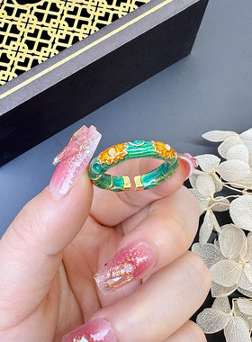 古法国风越南沙金珐琅滴油碧绿太阳花开口戒指民族风彩绘饰品