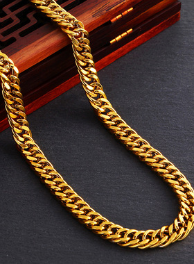 爆款光面双扣仿黄金项链饰品男士越南沙金复古黄铜合金颈链子