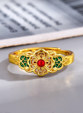 新款四方如意精工滴胶珐琅戒指女士开口花丝新中式高颜值时尚潮流
