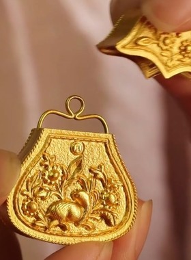 黄金色锁包香囊项链吊坠可打开国潮凤凰花纹镂空手工錾刻DIY配饰