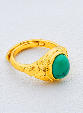 复古开口女士沙金绿松石戒指 铜镀金女戒 镶鹅蛋大宝石红戒指 女