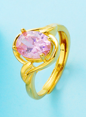 越南沙金锆石戒指 镀24k金镶宝石可调节开口指环女