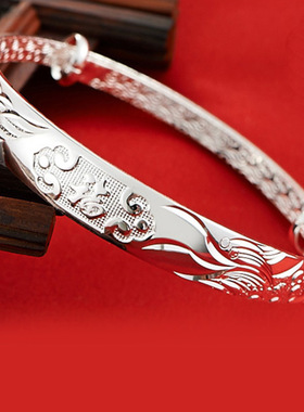 复古龙凤福手镯新中式时尚饰品龙飞凤舞福镯子民族风推拉口手环女