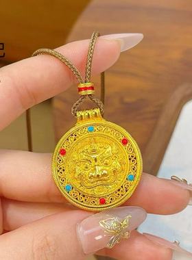 金店同款古法沙金珐琅彩独角貔貅吊坠花丝吉祥八宝罗盘项链女士