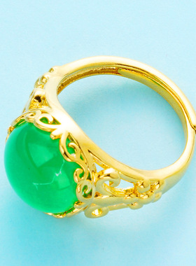 越南沙金女戒仿玉髓马来玉宝石女士开口戒指古风