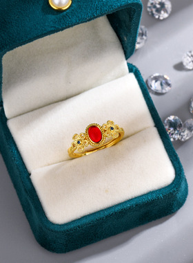 新款高品质花丝镀黄金色镶嵌红宝玉戒指女士开口古法轻奢小众精工