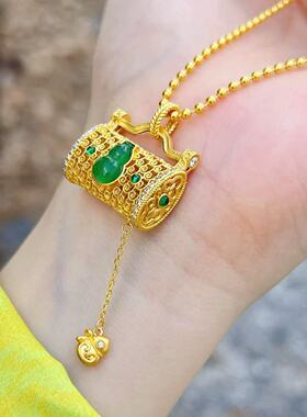 金店同款古法沙金国潮风祖母绿葫芦长命锁吊坠镂空花丝如意锁包