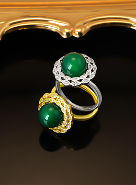 花型戒指女时尚个性简约小众设计镶嵌玉髓吊坠绿玉髓耳钉