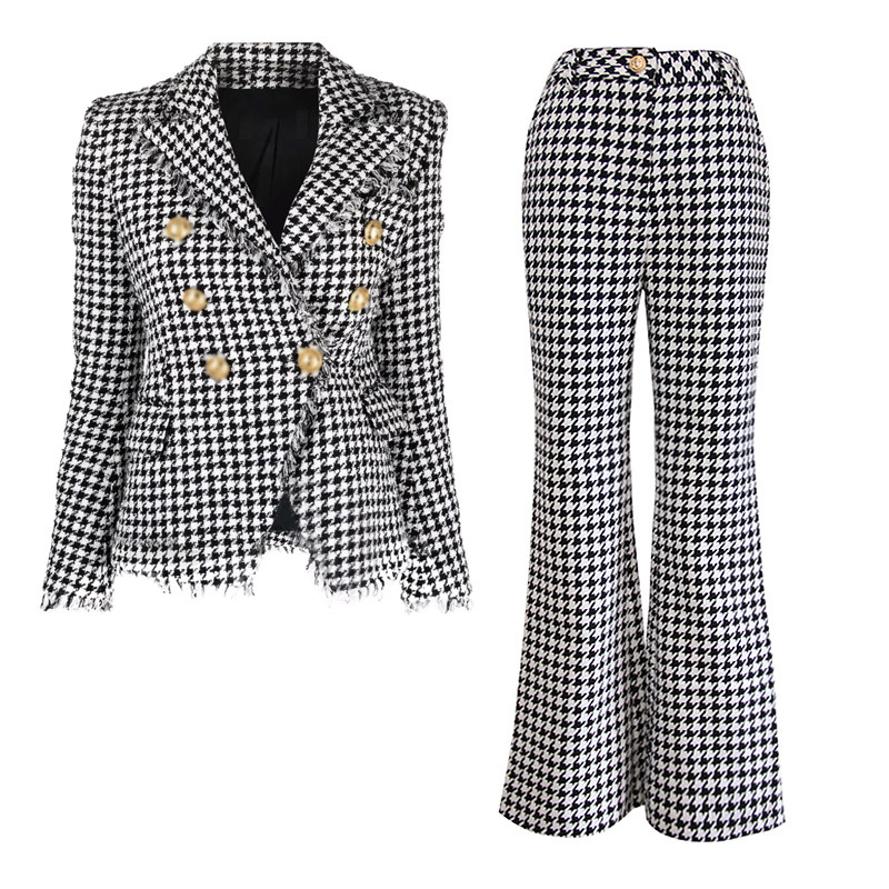 2025春秋新款千鸟格经典高腰阔腿喇叭裤休闲气质西装+长裤套装女,淘宝优惠券,粉丝福利购,淘宝优惠卷