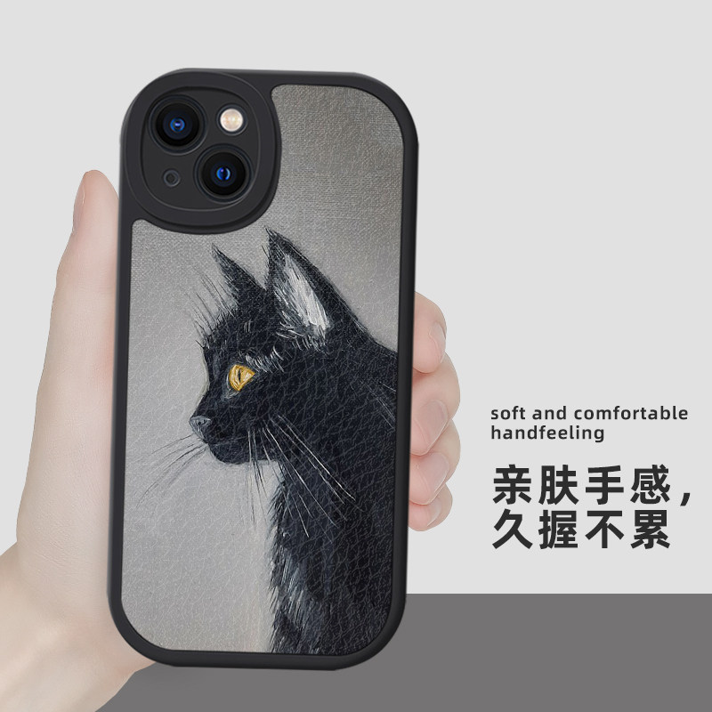 黑猫咪抽象油画风iphone16适用苹果15手机壳小米14红米K50华为nova13荣耀70潮mate60全包oppo小羊皮vivo可爱