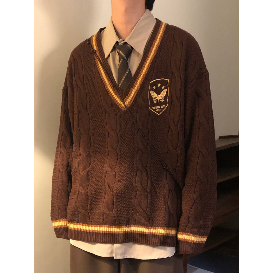 Nagaw冬季美式复古蝴蝶提花宽松日系学院风刺绣V领毛衣男针织衫潮,淘宝优惠券,粉丝福利购,淘宝优惠卷