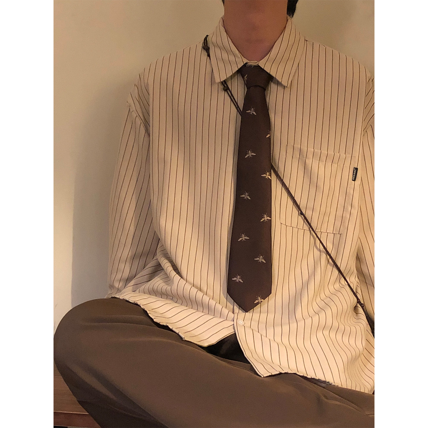 NAGAWL秋季美式复古学院风条纹宽松休闲百搭叠穿长袖衬衫上衣男女 - 图0