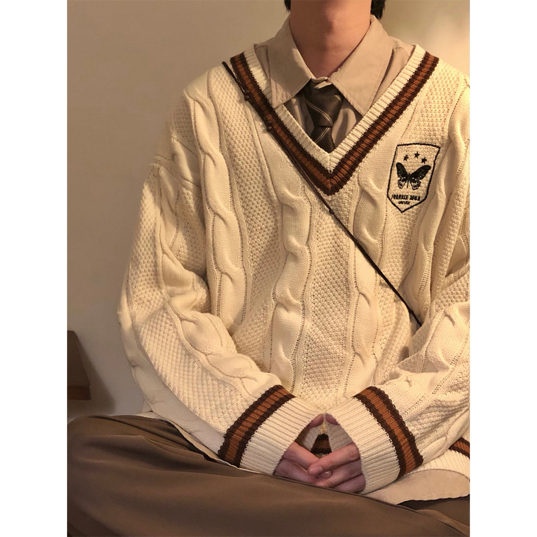 Nagaw冬季美式复古蝴蝶提花宽松日系学院风刺绣V领毛衣男针织衫潮,淘宝优惠券,粉丝福利购,淘宝优惠卷