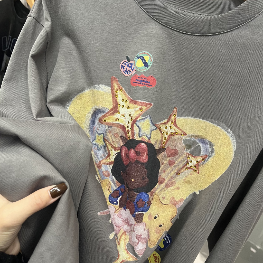 HANMIGAO 圆领卡通爱心图案宽松长袖T恤百搭上衣63006 - 图2