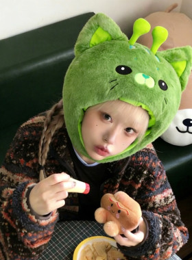 搞怪绿色外星绿猫头套儿童护耳帽