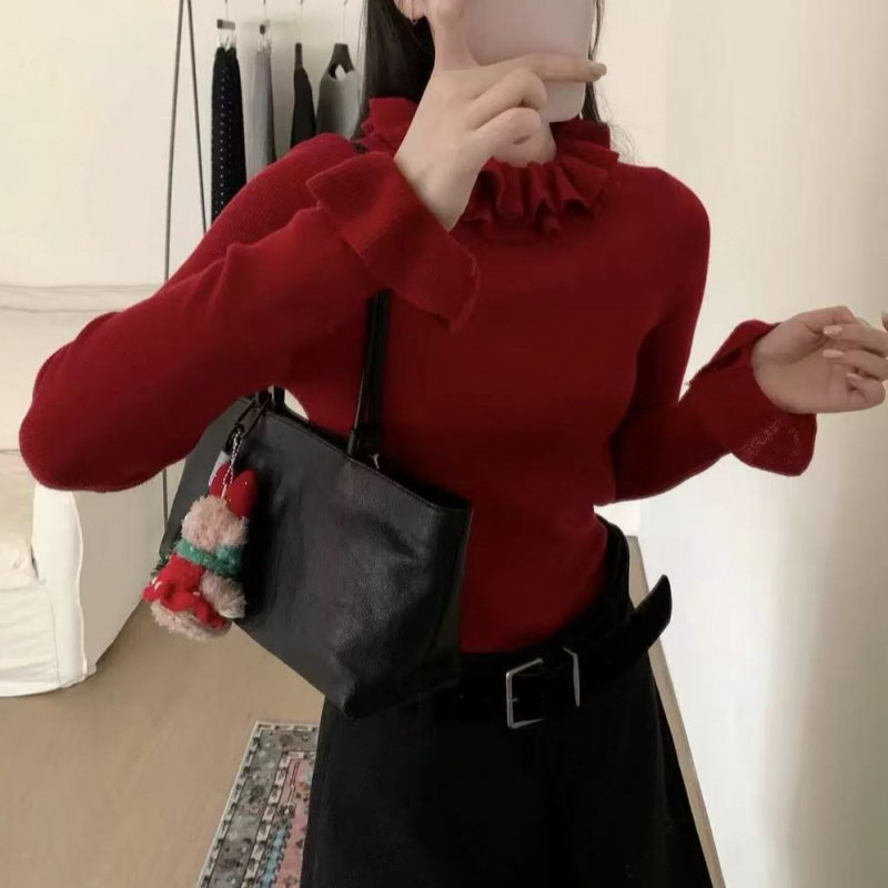 别致荷叶领毛衣女内搭冬季独特设计感上衣喇叭袖针织打底衫女长袖,淘宝优惠券,粉丝福利购,淘宝优惠卷