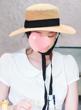 法式草编遮阳帽女夏季防晒平顶系带帽子百搭草帽