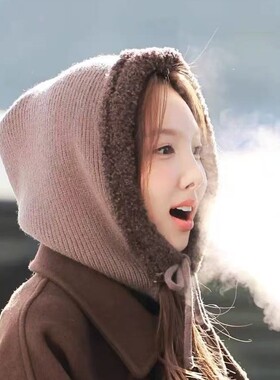 韩国小众 娜琏同款 可爱针织连脖帽保暖护耳包头毛线帽