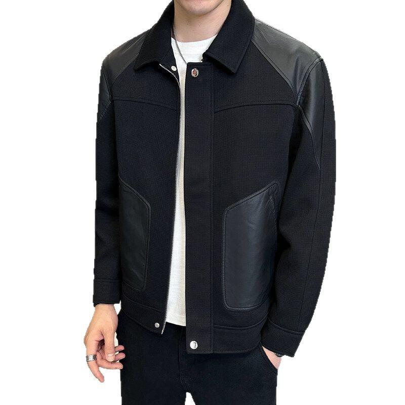 外套男春秋季2025新款痞帅潮牌高级感男装针织PU皮拼接夹克上衣服 - 图3