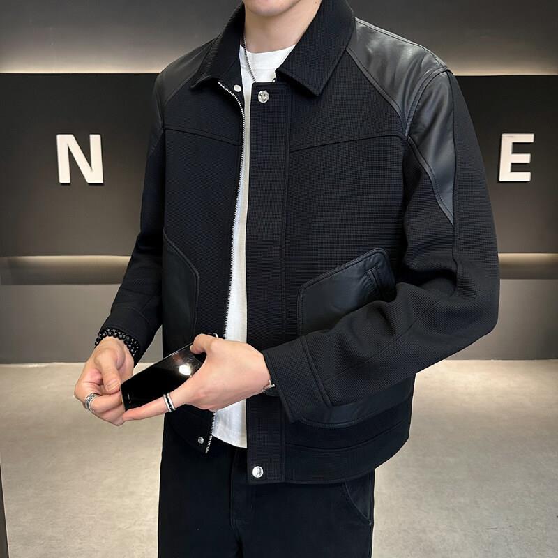 外套男春秋季2025新款痞帅潮牌高级感男装针织PU皮拼接夹克上衣服 - 图0