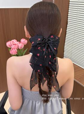 春夏新款碎花飘带抓夹女气质甜美高马尾盘发夹后脑勺显发量鲨鱼夹