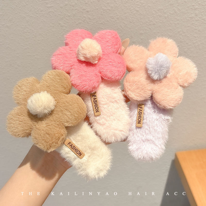 甜美可爱毛绒花朵发夹女后脑勺盘发抓夹大号鸭嘴夹子头饰秋冬发卡,淘宝优惠券,粉丝福利购,淘宝优惠卷