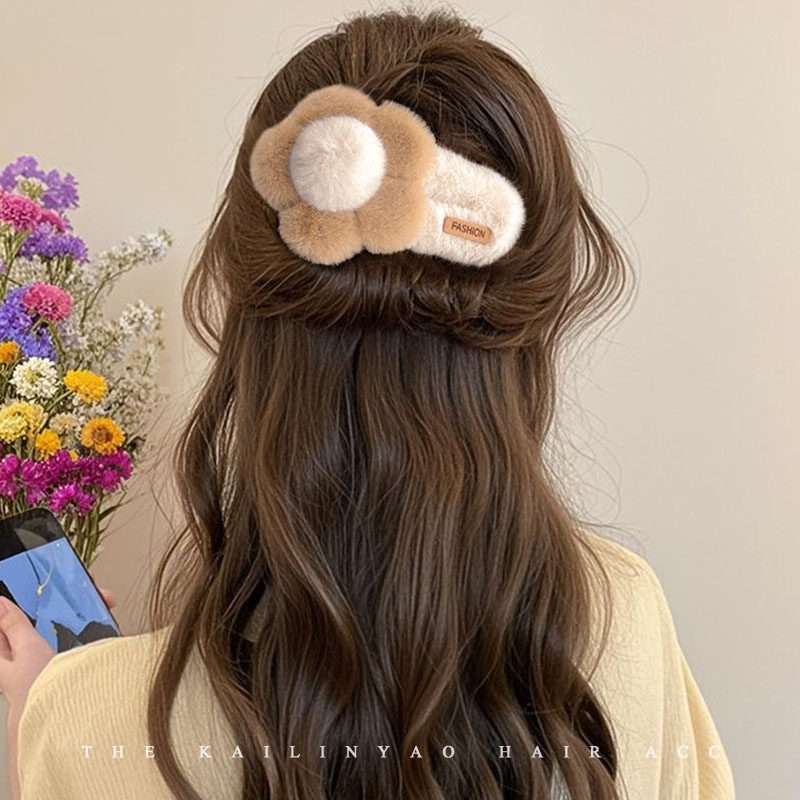 甜美可爱毛绒花朵发夹女后脑勺盘发抓夹大号鸭嘴夹子头饰秋冬发卡,淘宝优惠券,粉丝福利购,淘宝优惠卷