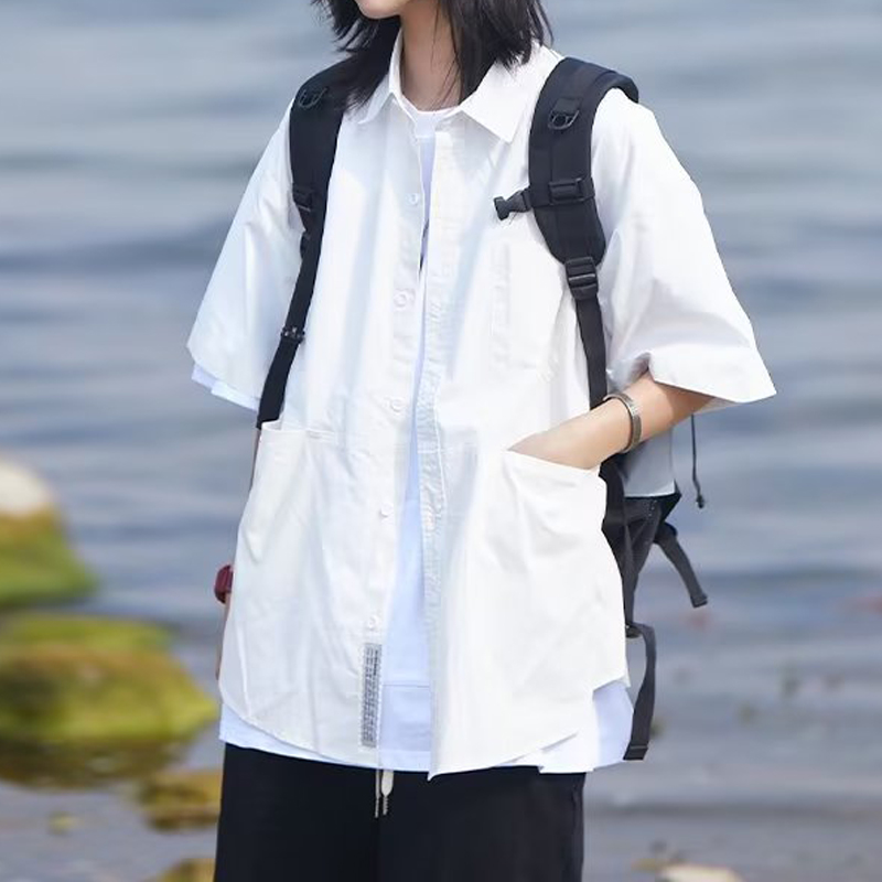 日系复古工装休闲短袖衬衫男女夏季外穿上衣宽松百搭纯色衬衣外套 - 图1