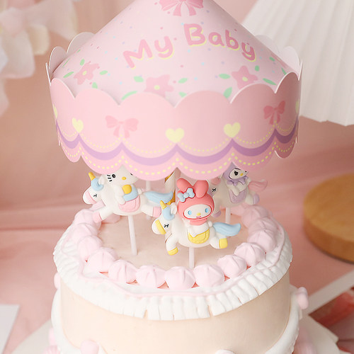 旋转木马材料包烘焙蛋糕装饰摆件小汽车独角兽小猫卡通甜品台插件 - 图2