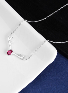 靡鹿S925纯银颈链小鹿角项链女锁骨链短链一鹿有你项链 吊坠女款