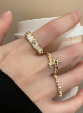 韩国ins字母锆石珍珠戒指小众气质创意食指戒个性轻奢冷淡风手饰