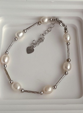 韩国设计感天然淡水珍珠拼接不锈钢金属手链女 时尚个性百搭手饰