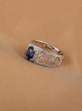 18k铂金950培育钻石CⅤD人工钻足反钻蓝宝石戒指