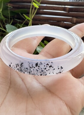 花语玉髓 天然海洋玉髓马料高冰油润泼墨画玛瑙手镯圈口53mm