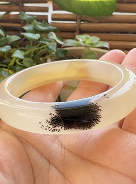 花语玉髓 天然海洋玉髓马料水墨黑发丝一朵烟花绽放玛瑙手镯56mm