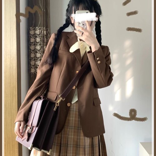 圣卡特女款茶西茶色Jk制服基础款西装3粒扣长袖徽章秋季外套 - 图0