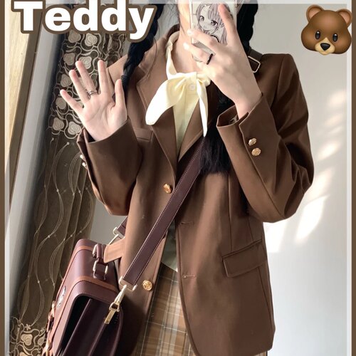 圣卡特女款茶西茶色Jk制服基础款西装3粒扣长袖徽章秋季外套 - 图1