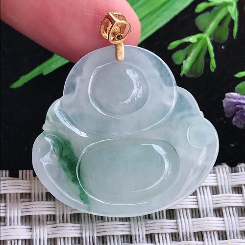 实拍A货翡翠29.2/31.8/6老坑18k金镶嵌冰飘花佛公吊坠翡翠玉坠 - 图2