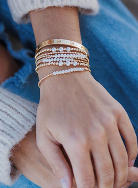 亚马逊简约百搭巴洛克天然淡水珍珠手串弹力绳串珠18K金珠手链女