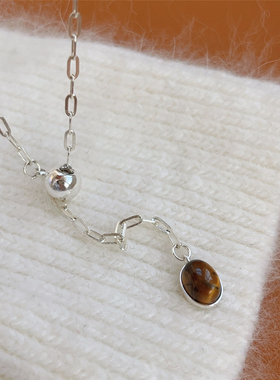 法式复古高级感天然虎眼石黄铜项链女百搭通勤气质可抽拉锁骨链潮