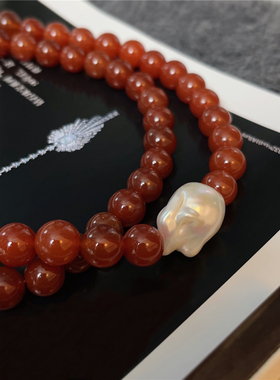 法式复古红玛瑙串珠项链女小众天然巴洛克珍珠项链高级感锁骨链潮