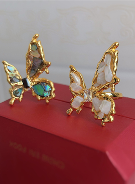 法式复古小众天然贝壳蝴蝶戒指高级感百搭立体镶嵌彩贝指环女潮