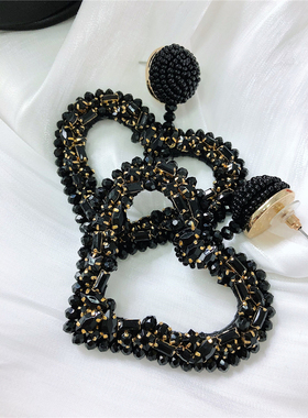 LONGBAOACC欧美纯手工串珠镂空爱心耳坠气质夸张个性耳环 女