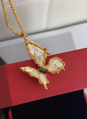 法式复古小众天然贝壳蝴蝶吊坠小众高级感百搭立体镶嵌彩贝项链潮