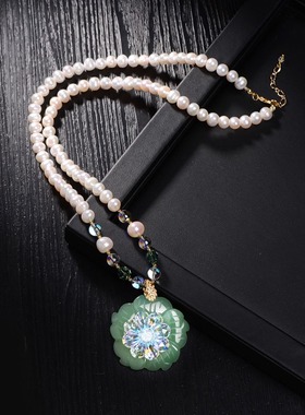 绿色花朵珍珠项链女高级感水晶吊坠轻奢气质配饰多彩女士高端大方
