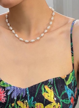 天然淡水巴洛克珍珠项链女款轻奢法式不规则珍珠链女士气质锁骨链