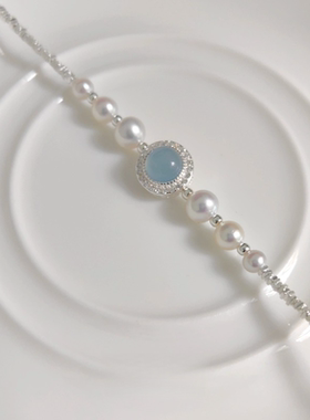 999纯银手链女精致天然淡水珍珠锁骨链海蓝宝吊坠项链女士礼物