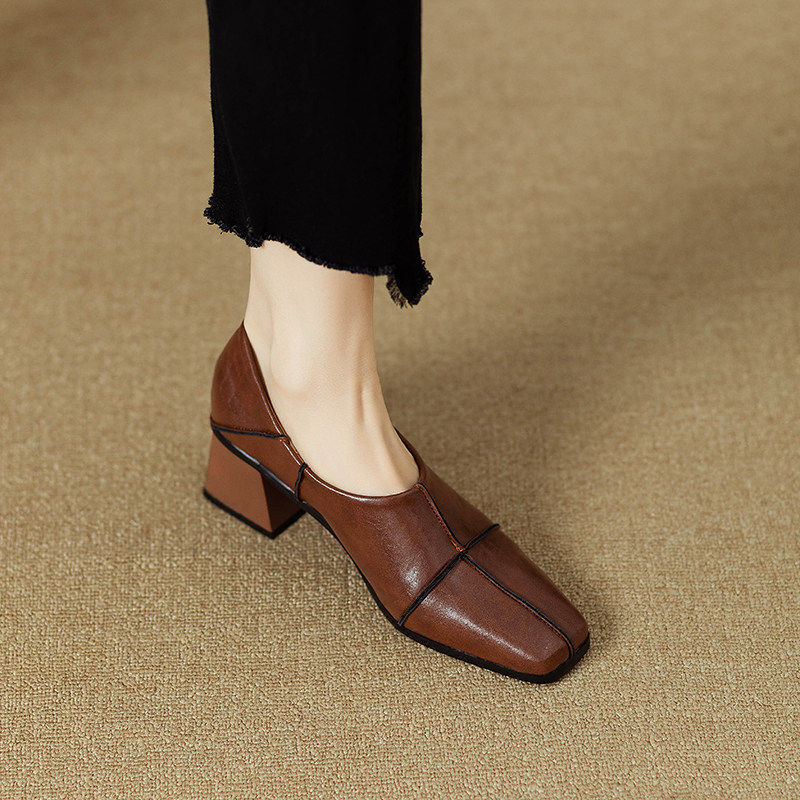 2025法式晚风粗跟单鞋女设计感小众气质高跟鞋软底软皮方头工作鞋,淘宝优惠券,粉丝福利购,淘宝优惠卷