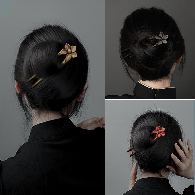 黑檀木u型双钗发簪女簪子高级国风中式新款发钗花朵旗袍丸子头饰 - 图1
